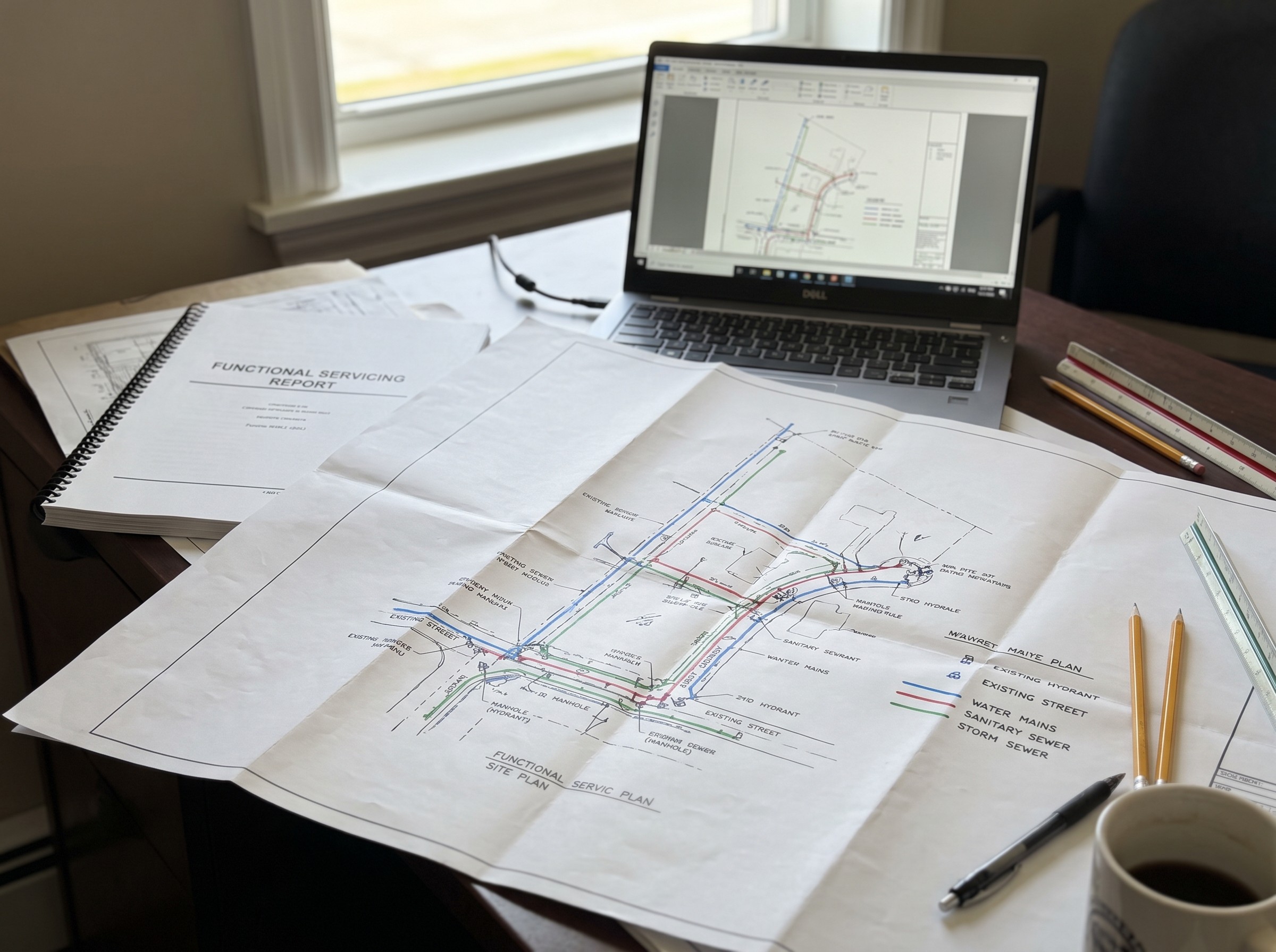 Functional servicing plan showing water, sanitary and storm servicing for a development