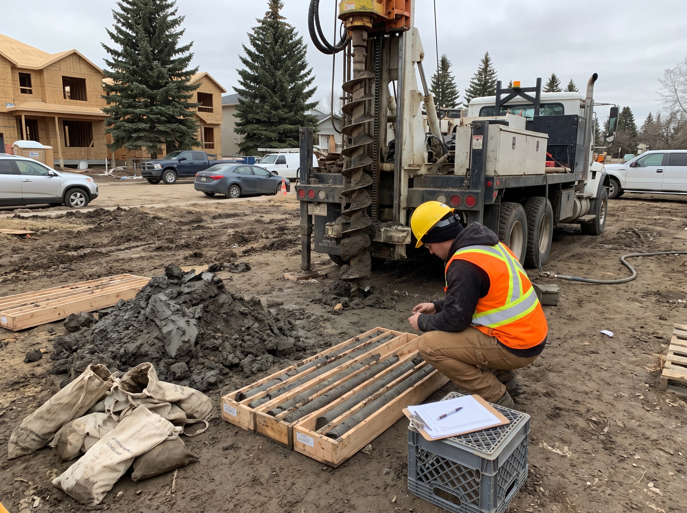 Geotechnical technician collecting soil cores from an auger rig on an infill lot