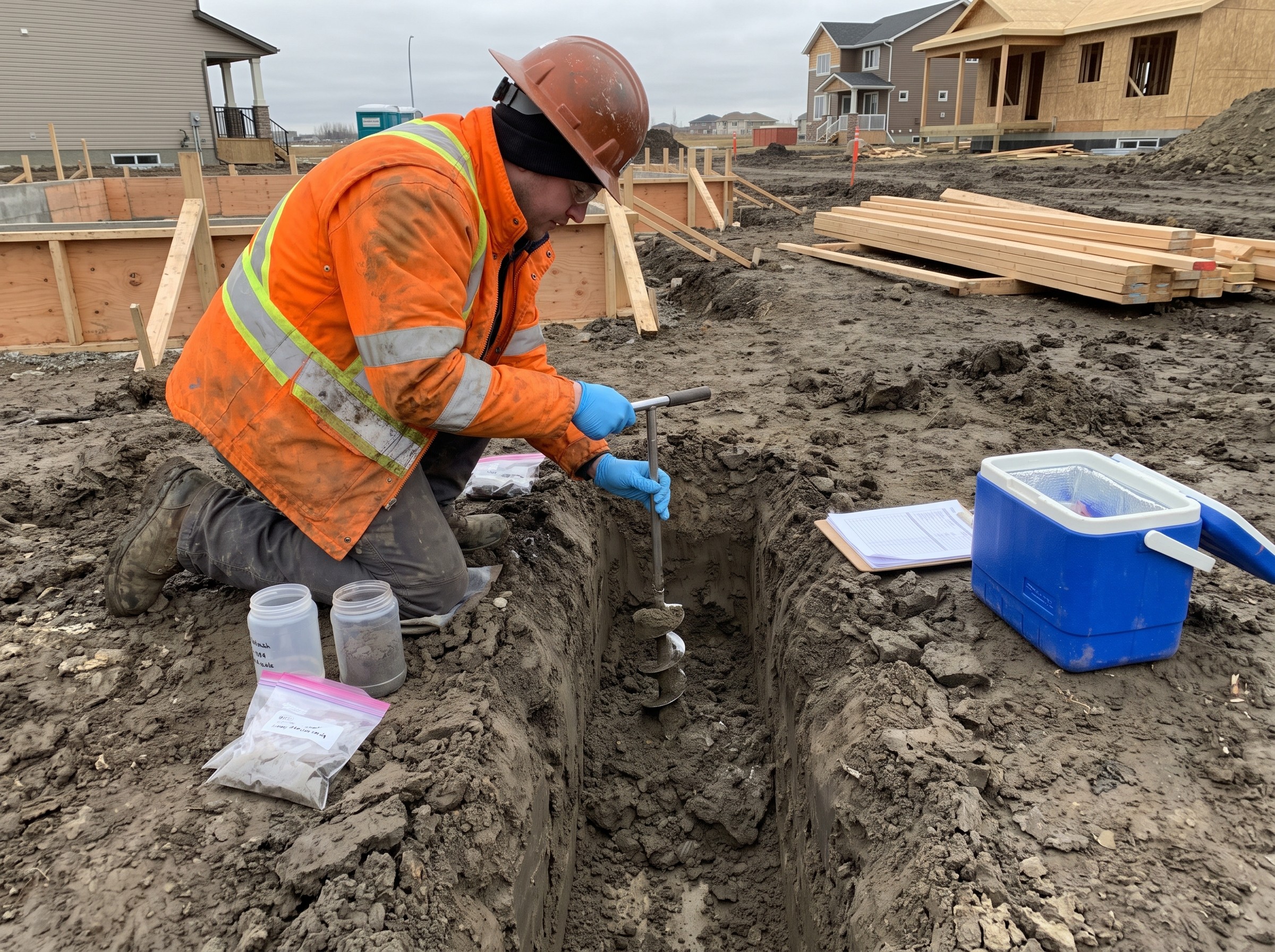 Technician collecting soil samples from a test pit with a hand auger for sulphate testing