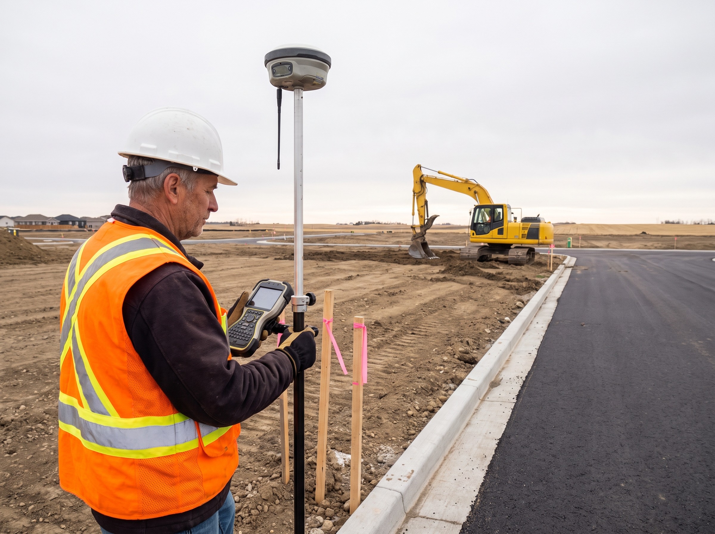 Surveyor with a GPS rover staking lots on a new subdivision